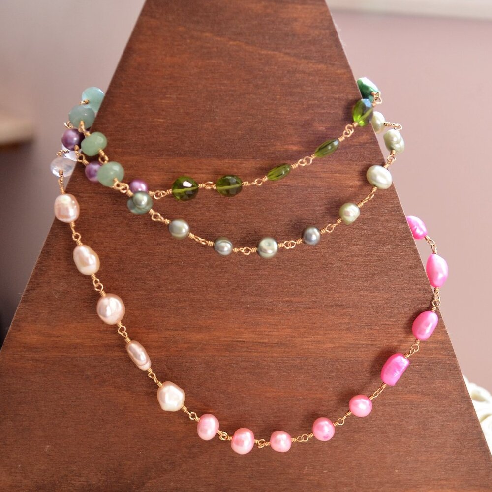 Long Pink and Green Pearl and Gemstone Necklace in Gold
